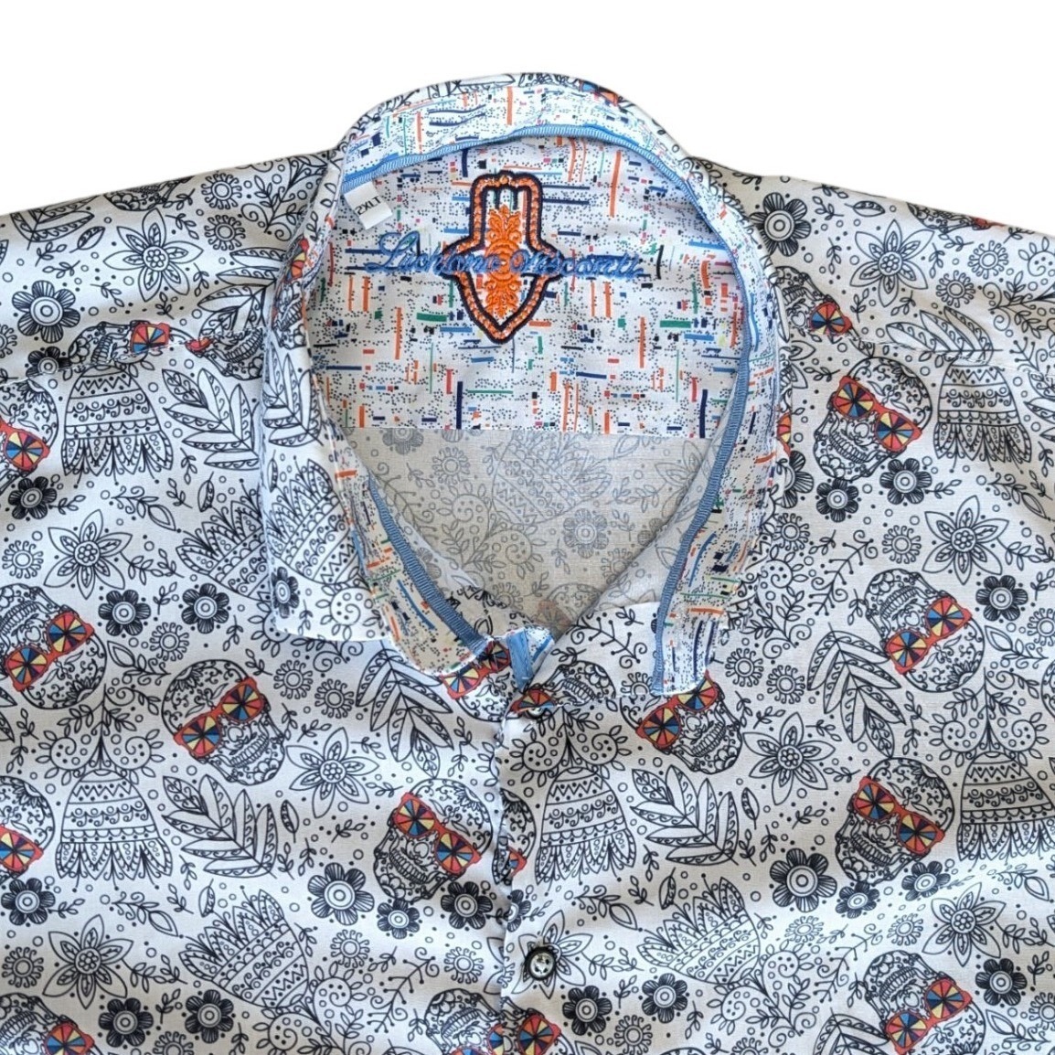 Luchiano Visconti 2xl White Blue Pattern Short Sleeve Button Down Shirt Skull